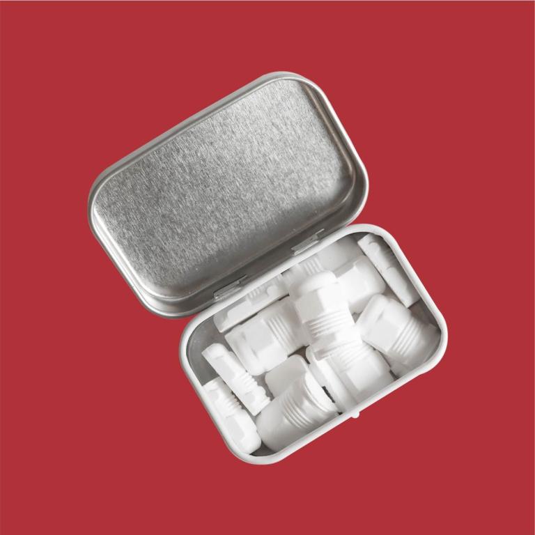 Custom mouded mints in bolt an dnut shape in personalised mint box